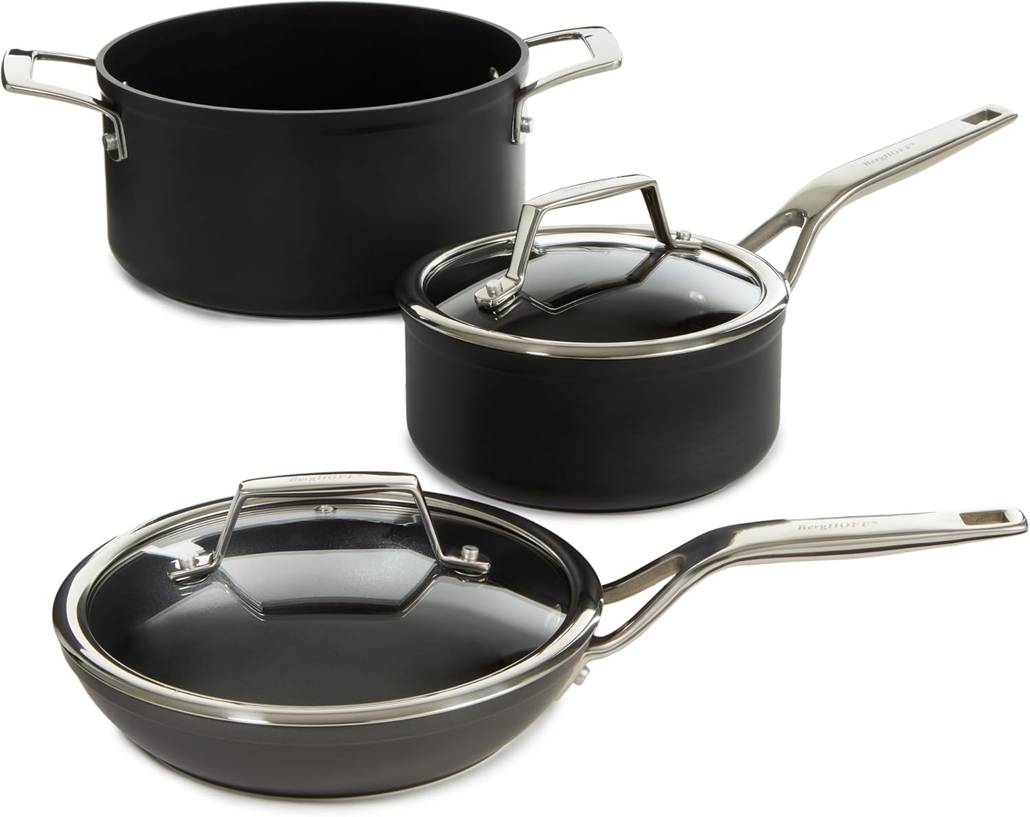 Essentials 5Pc Non-stick Hard Anodized Cookware Set For Two With Glass lid, FernoGreen Non-toxic Nonstick Coating, Stainless Steel Handle, Induction Pots and Pans, Black