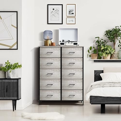 Miniatura 5 de Sorbus Cómoda con 10 cajones de madera sintética, unidad organizadora de pecho con marco de acero, parte superior de madera y asa, contenedores de