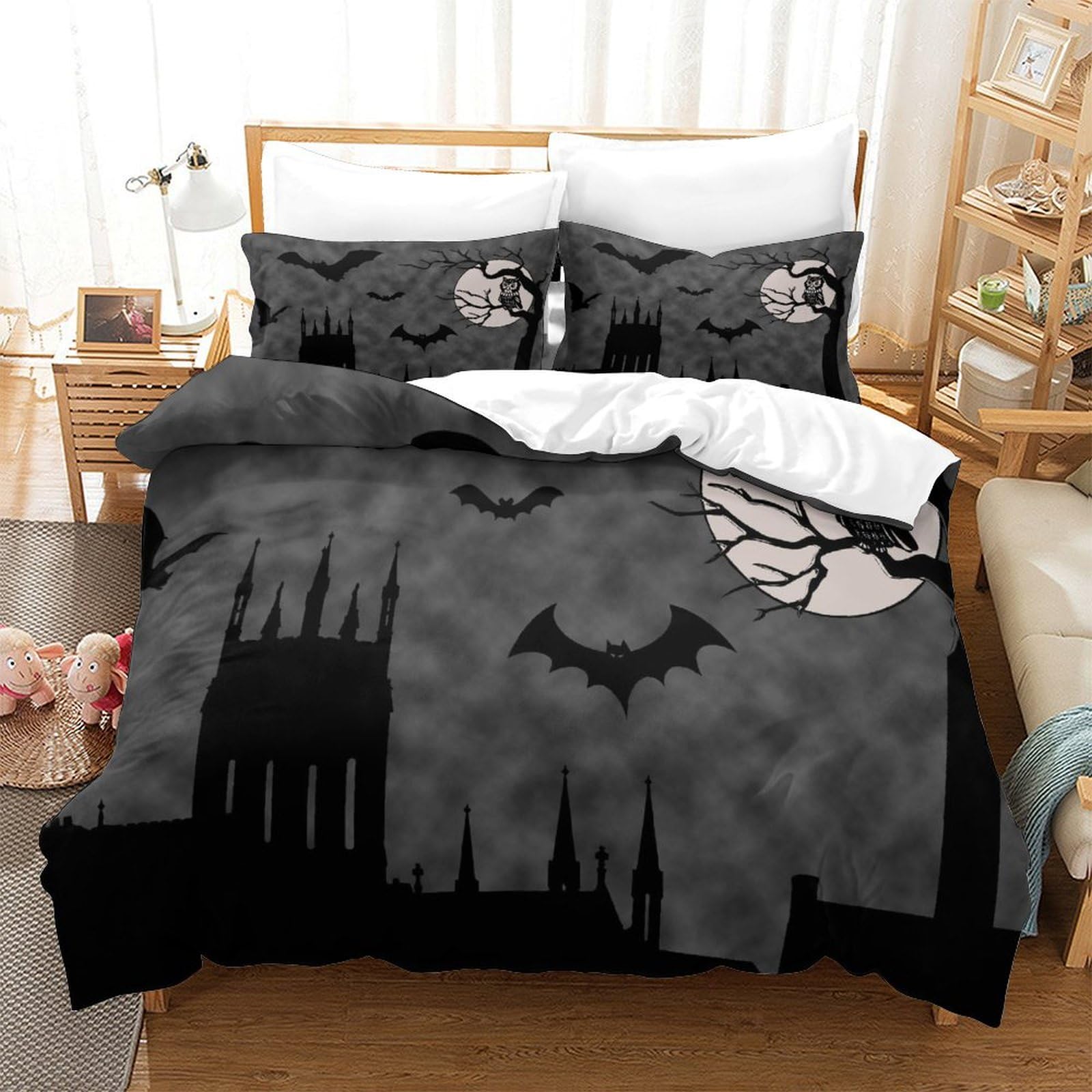 P1S9U7W5Y Gothic Night 3D Printed Bat Castle Duvet Cover Set 3pcs Microfiber Bedding SuperKing