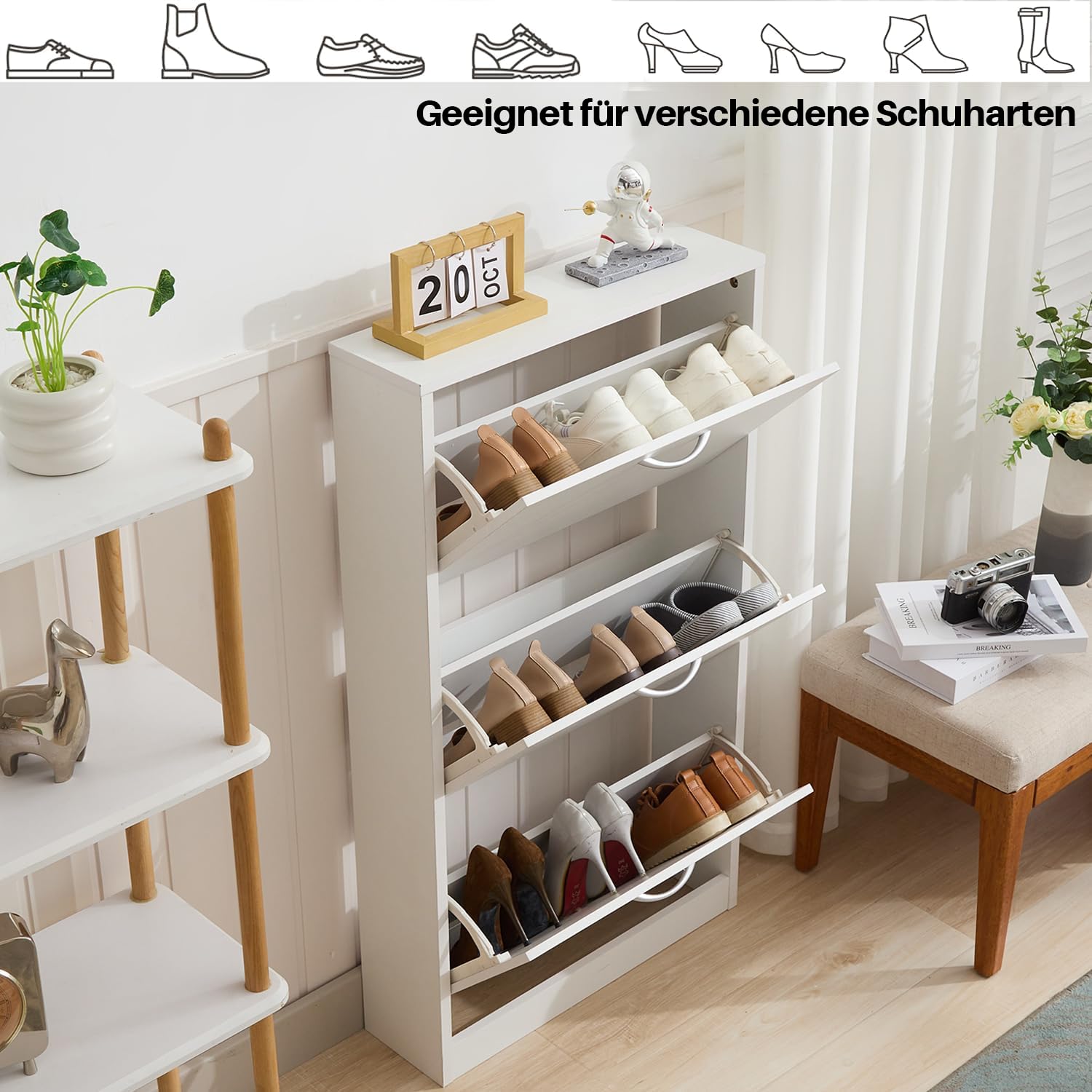 GRAVFORCE Schuhschrank Schmal mit 3 Klappen Schuhkipper 58Bx17Tx105H (Weiß) | Flip Down Schuhregal Holz Flurschrank platzsparend für Eingangsbereich, Wohnung, shoe cabinet ideal für schmale Flure
