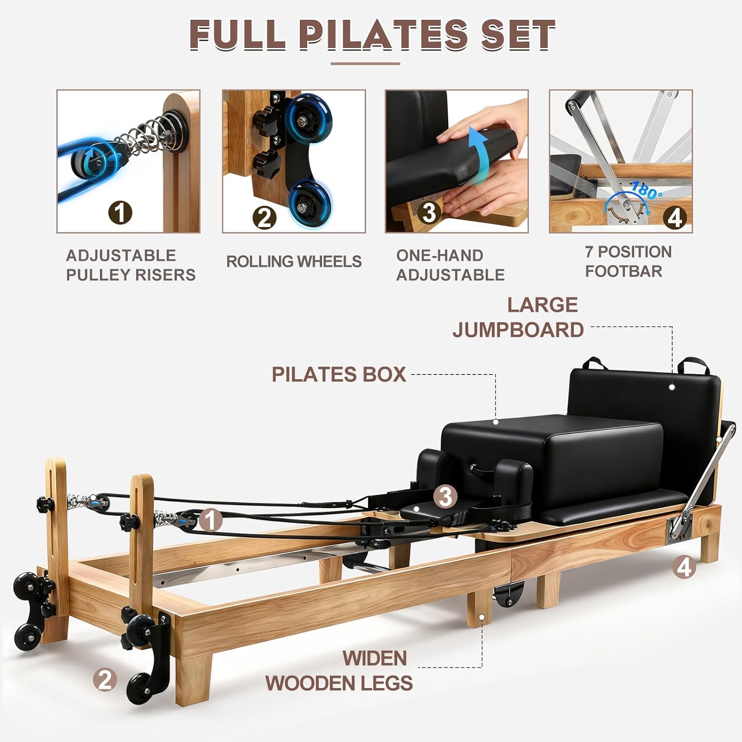 94.5"Pilates Reformer, Wooden Foldable Reformer Pilates Machine with Springs, Quick-Assembly Studio Grade Pilates Reformer Machine, Pilates equipment with Sitting Box, Jump Board for Home Use & Studio - Image 8