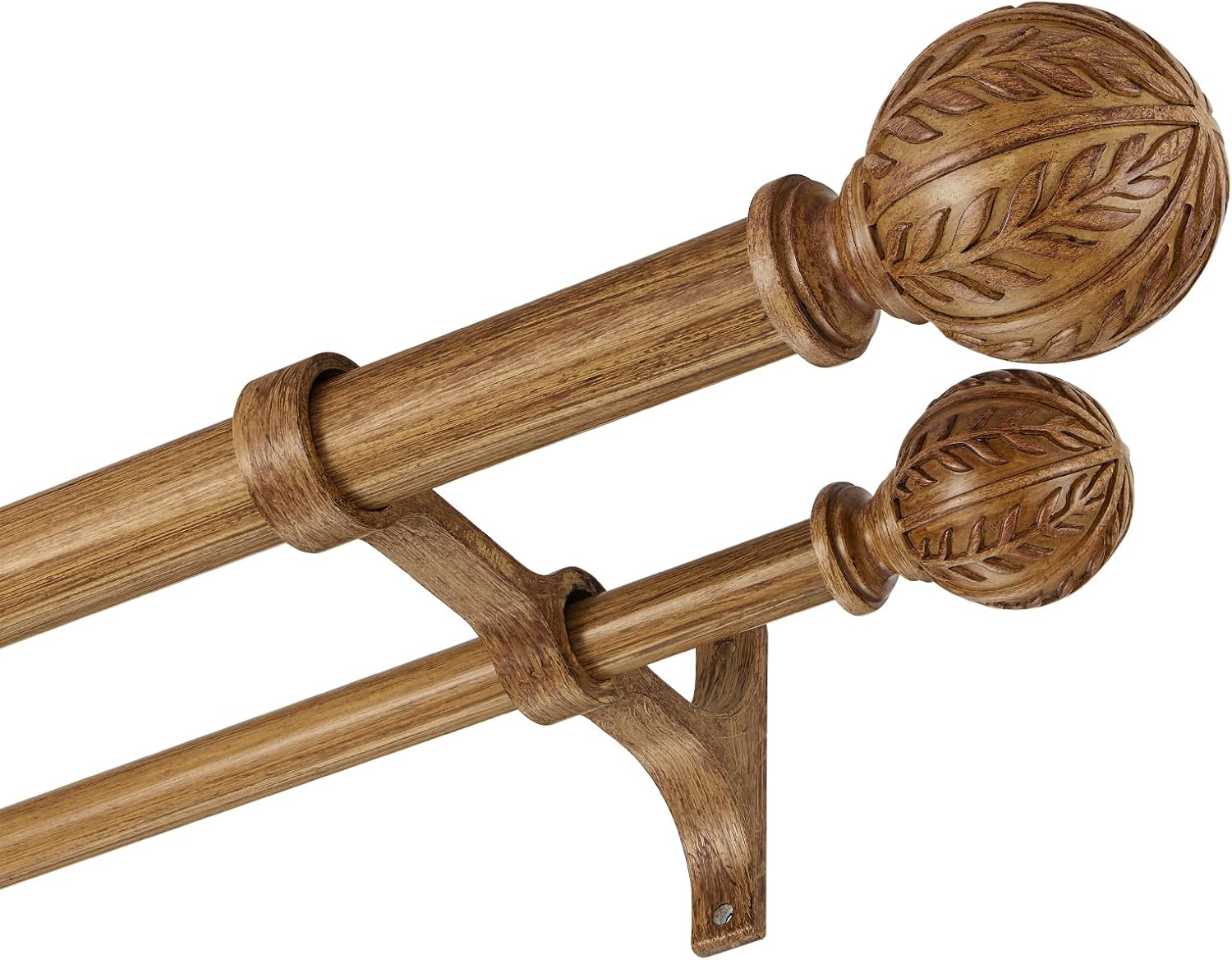 Wood Double Curtain Rods 36-72 Inch(3-6ft), Heavy Duty 1 Inch Front and 5/8 Inch Diameter Back Double Window Treatment Rod, Boho Drapery Rods with Imitation Wood Grain Finials