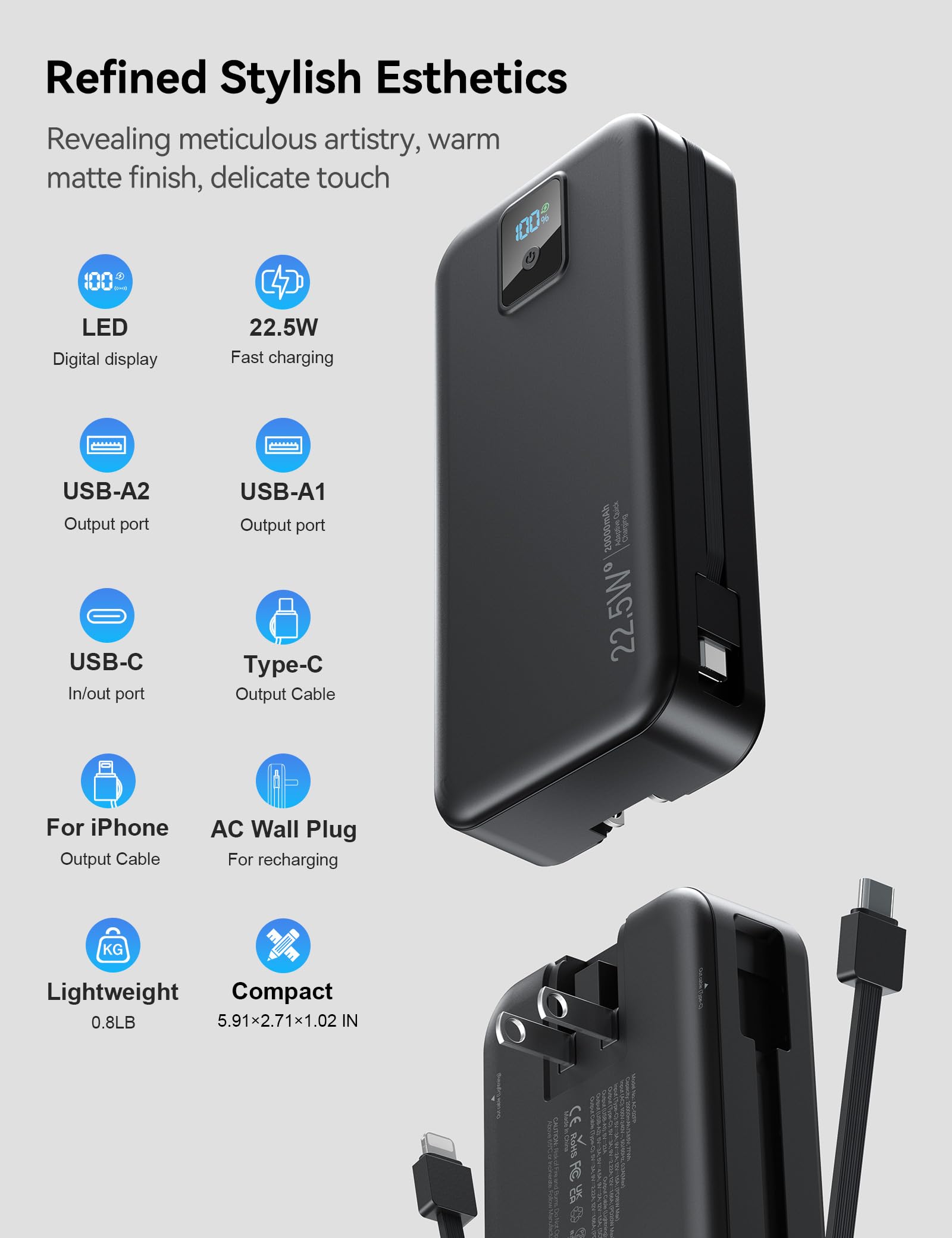 Banco de energía portátil, 20000 mAh, 22,5 W, cargador de teléfono de carga rápida con cables integrados y enchufe de pared, paquete de batería esencial de viaje con pantalla LED, banco de carga de
