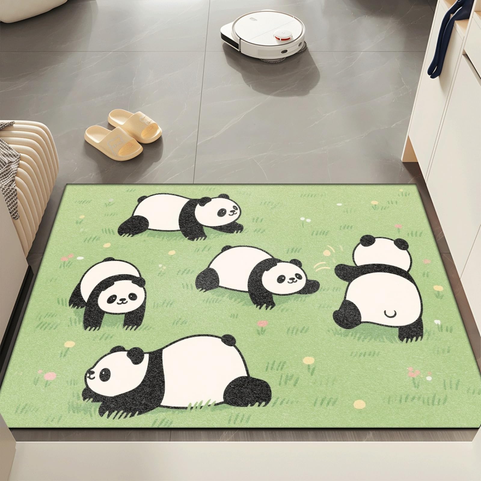 Tapis Entree Interieur Panda Vert Mignon Tapis D'entrée Facile à Nettoyer Antidérapant Lavable en Machine pour Chambre Cuisine Couloir Paillasson Interieur Exterieur 80x120 cm