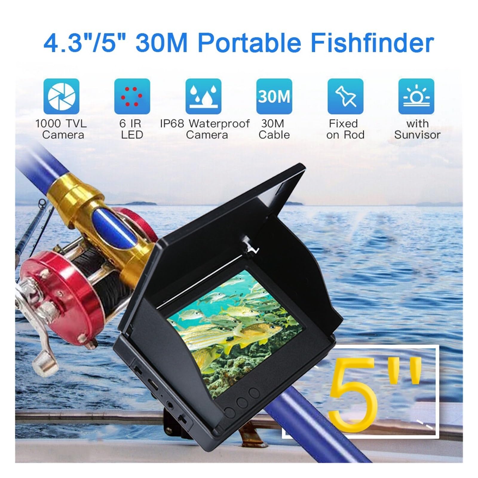Kit de buscador peces vídeo, cámara pesca, visión nocturna oscura, pantalla Monitor LCD 4,3/5 pulgadas, dispositivo conjunto subacuática 80-100m profundidad,Equipo Profesional(Set-A 4.3 inch)