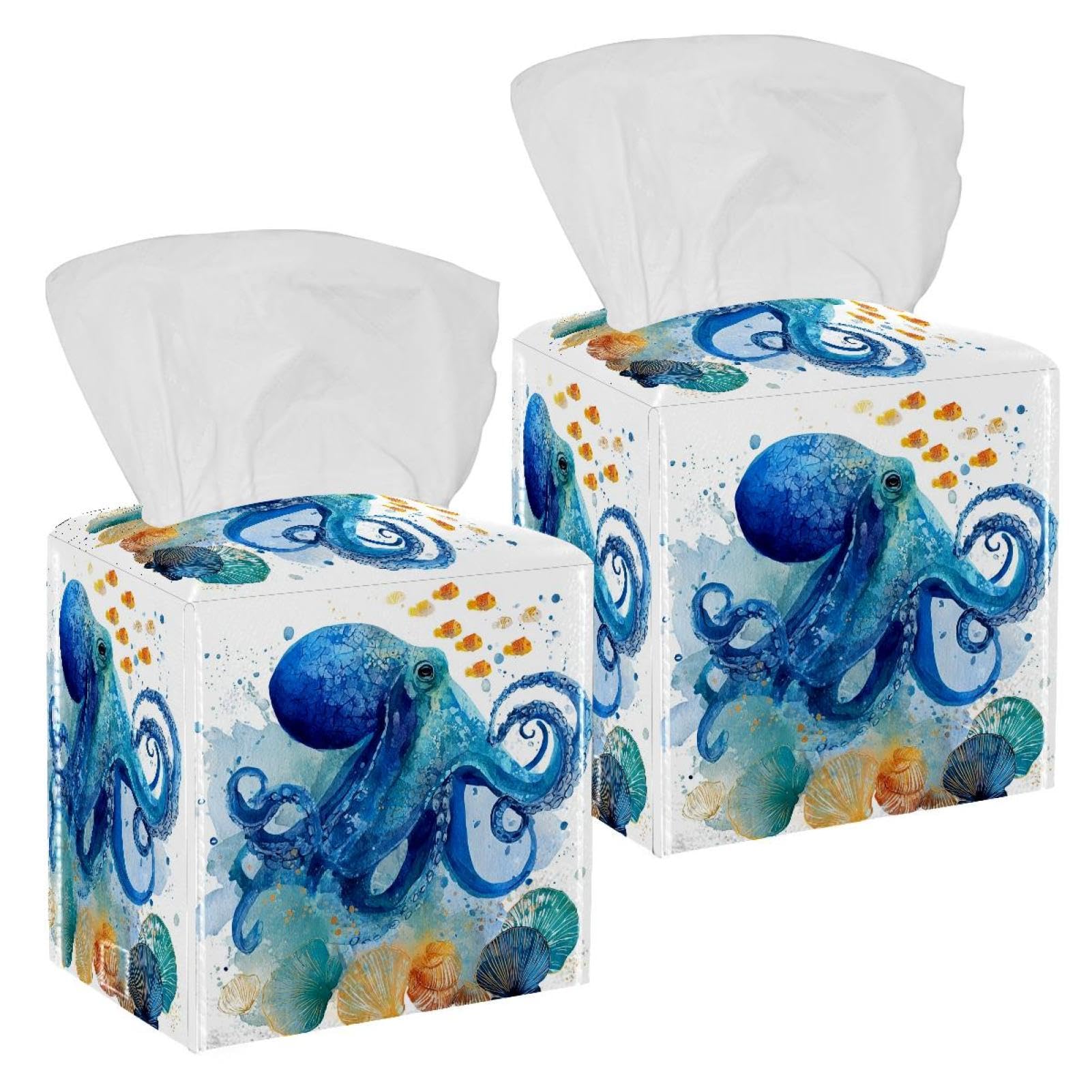 Octopus Tissue Box Cover, 2 Pack PU Leather Square Facial Tissue Dispenser Box holder for Home Office Car