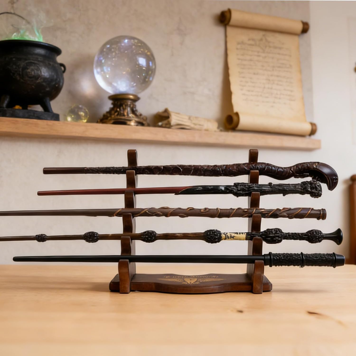 Wooden 5 Tiered Magic Wand Stand, Wand Holder for Desktop Display,Solid Wood,5 Display Space,Exquisite Engraved Pattern Print,Classic Walnut Color