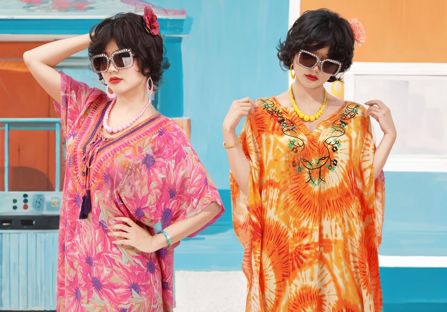PROCOS Vestidos caftán para mujer, vestido maxi de playa con estampado floral con collar, aretes, lentes, disfraz de Halloween