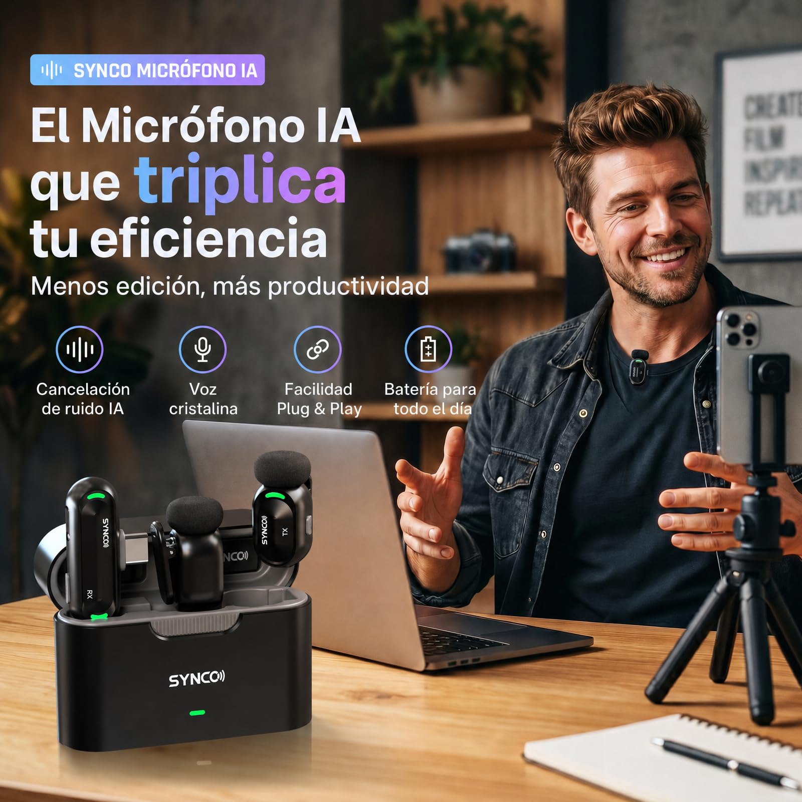 SYNCO SMICT Micrófono de Solapa Inalámbrico IA para Android | App AI Bluetooth, Traducción en Tiempo Real, Reducción de Ruido, 2 Micrófonos USB-C para Vlog y Streaming