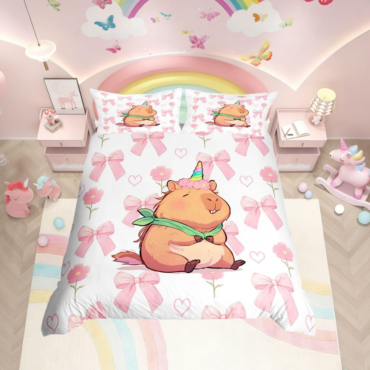 Homewish Cute Capybara Duvet Cover Set King Pink Bow Bedding Reversible - Kawaii Capybara Animal Quilt Cover Princess Style for Kids Girls Teens - Bowknot Floral Bed Set with 2 Pillowcases