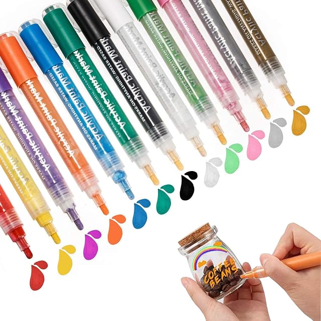 Glass Paint Pens, 3mm Acrylic Markers, DIY Craft Paint Pens 12 Colors for Rock Painting, Fabric, Ceramic, Wood, Canvas, Metal, Scrapbooking