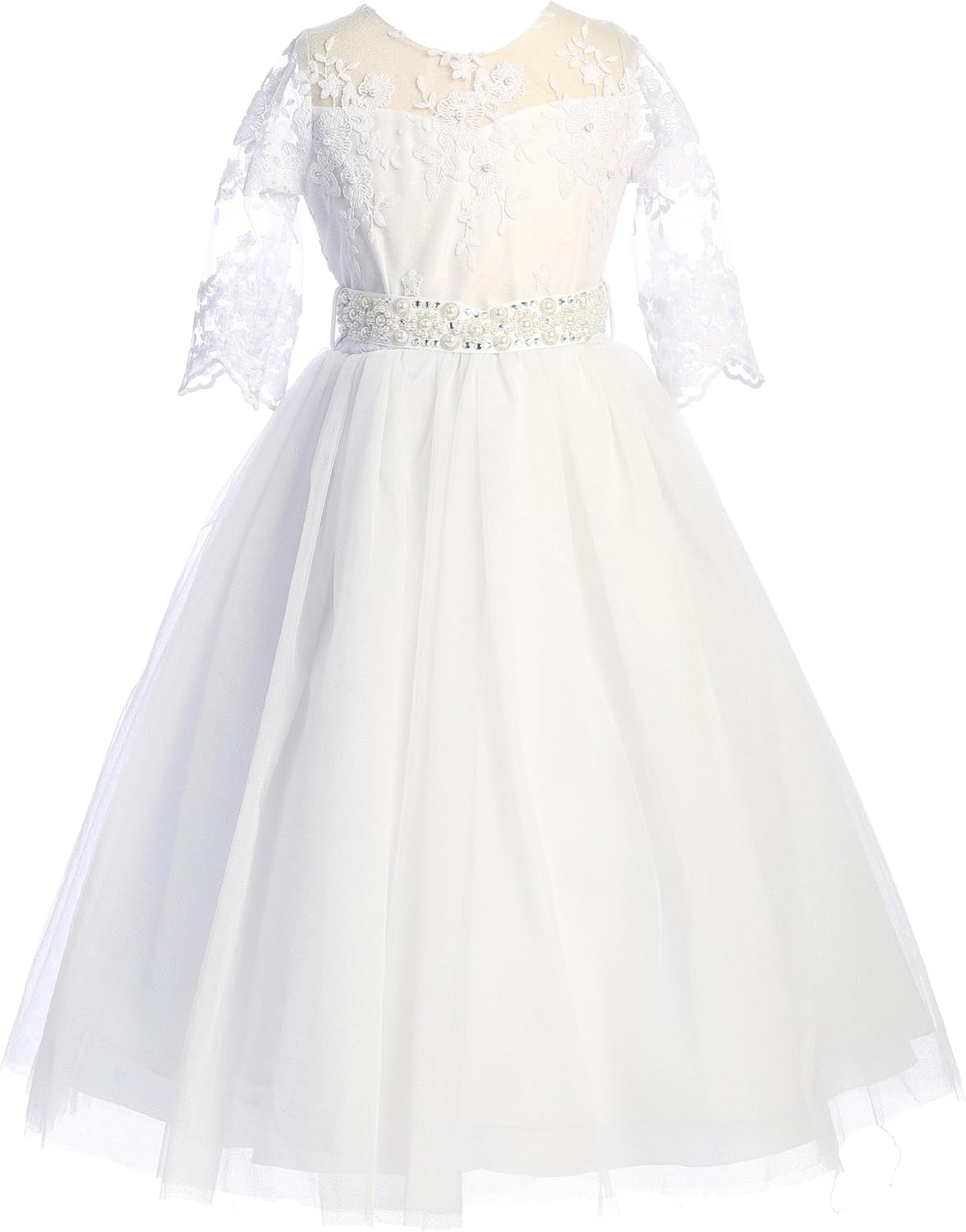 Girls' White First Communion Lace Tulle Half Sleeves Flower Girl Pageant Dress USA 2-24