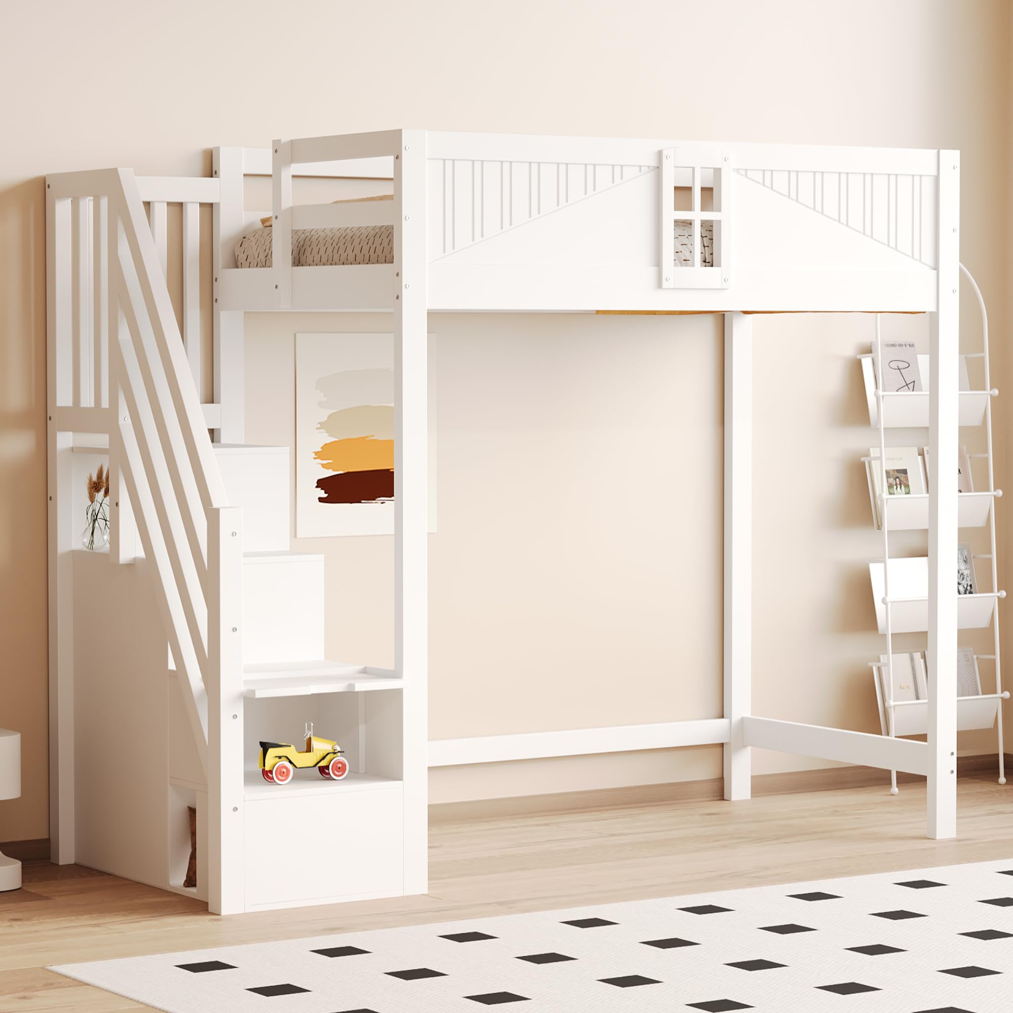 Azkoeesy Letto a soppalco per bambini con scala e armadio, 90 x 200 cm, in legno di pino, grigio-bianco, design a forma di finestra, per adulti e ragazzi (bianco)