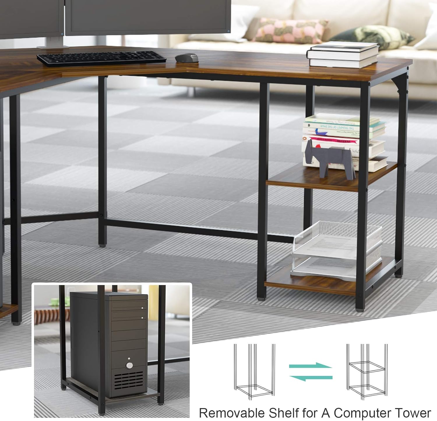 Elephance Large L-Shaped Computer Desk with Shelves, Corner Desk, Home Office Writing Workstation, Gaming Desk PC Latop Table with Storage