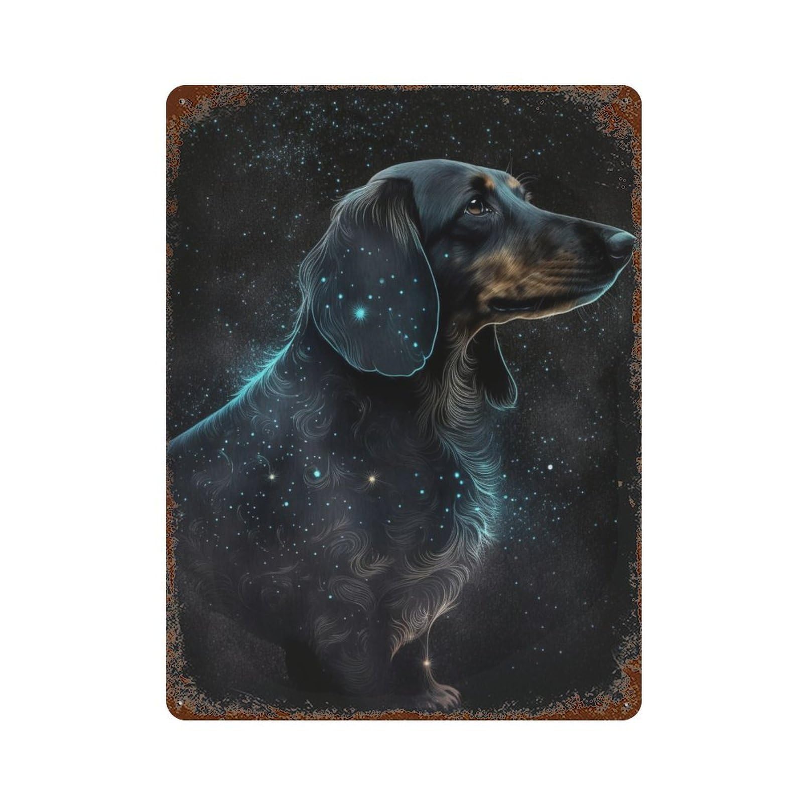 Starry Night Dachshund Art Print Weathered Tin Sign 15.7"x11.8", for Shed, Workshop And Garage Wall Decor, Decorative Metal Wall Art