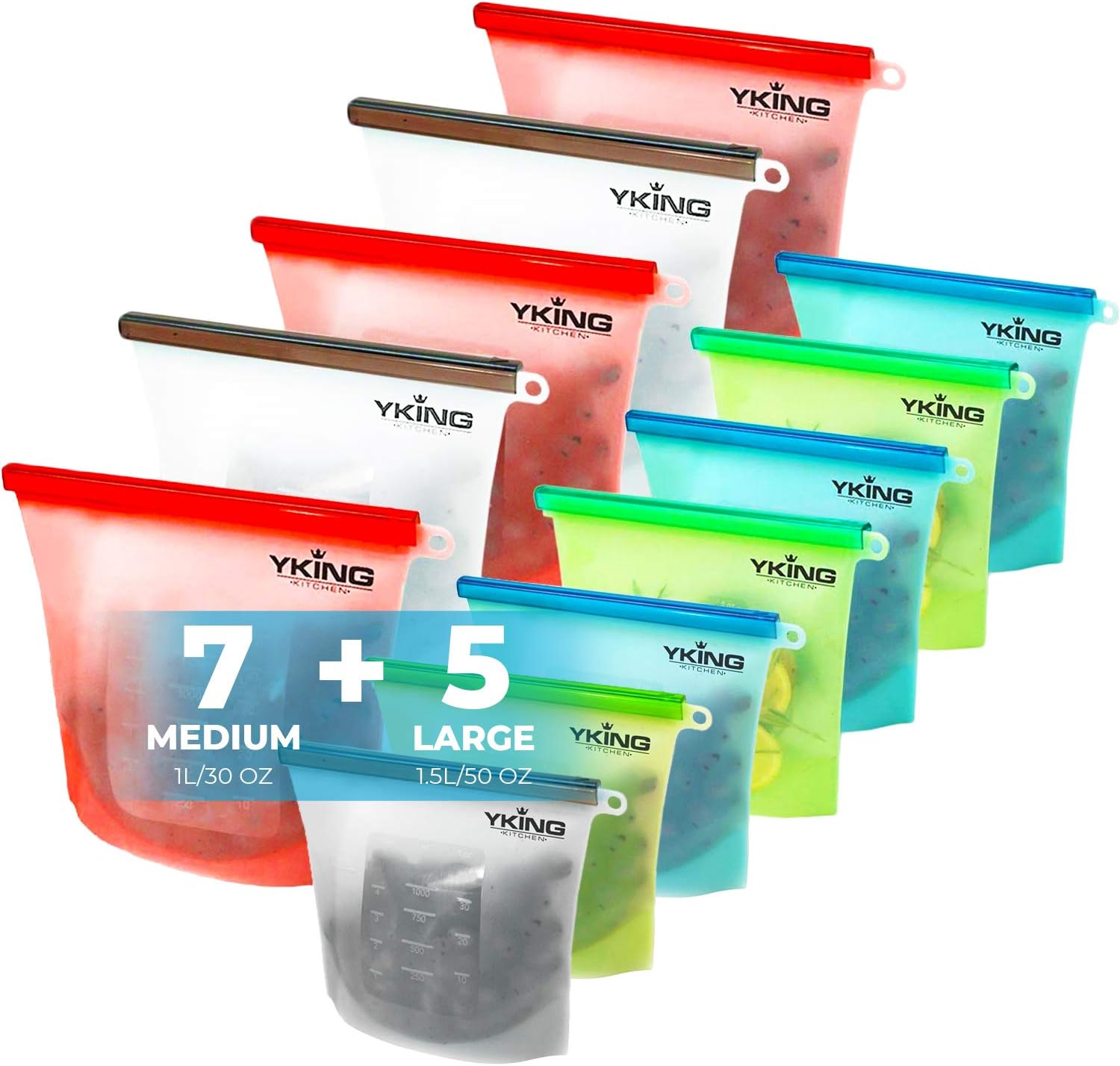 12 Pack Reusable Silicone Food Bags 5x50oz & 7x30oz for Souse Vide