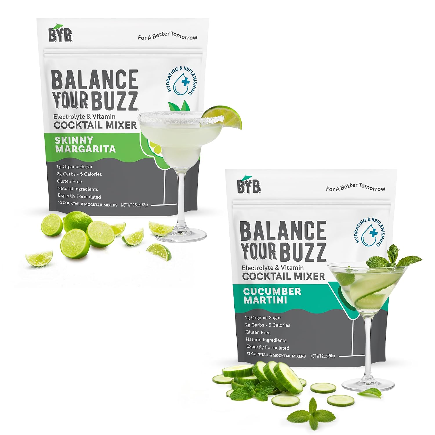 BYB Cocktail Mixer Bundle Skinny Margarita & Cucumber Mint Martini, 24 Ct