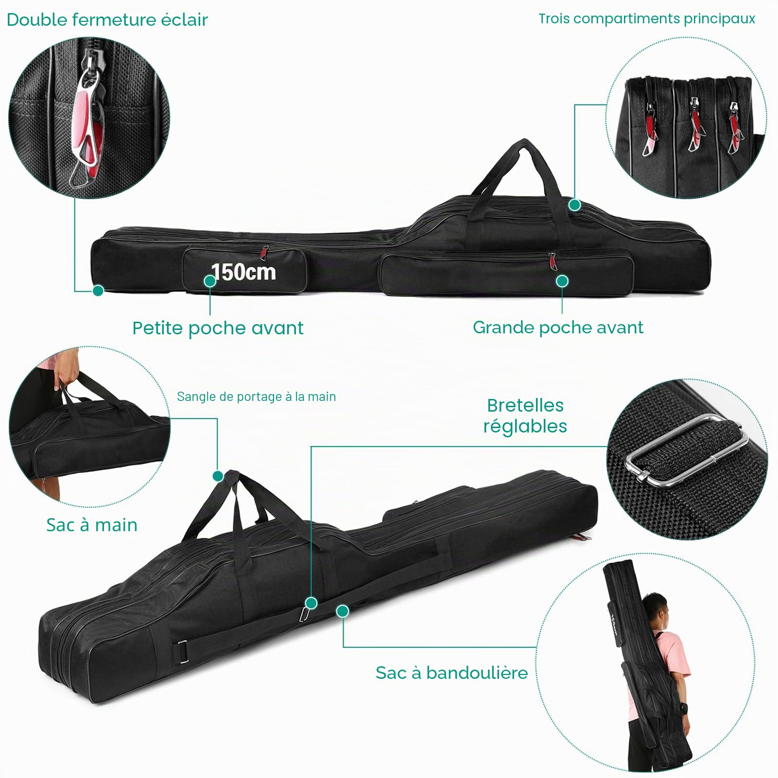 Sac de Transport Portable pour Canne à pêche Pliable à 3 Couches 150 cm, Noir, 150cm, Moderne