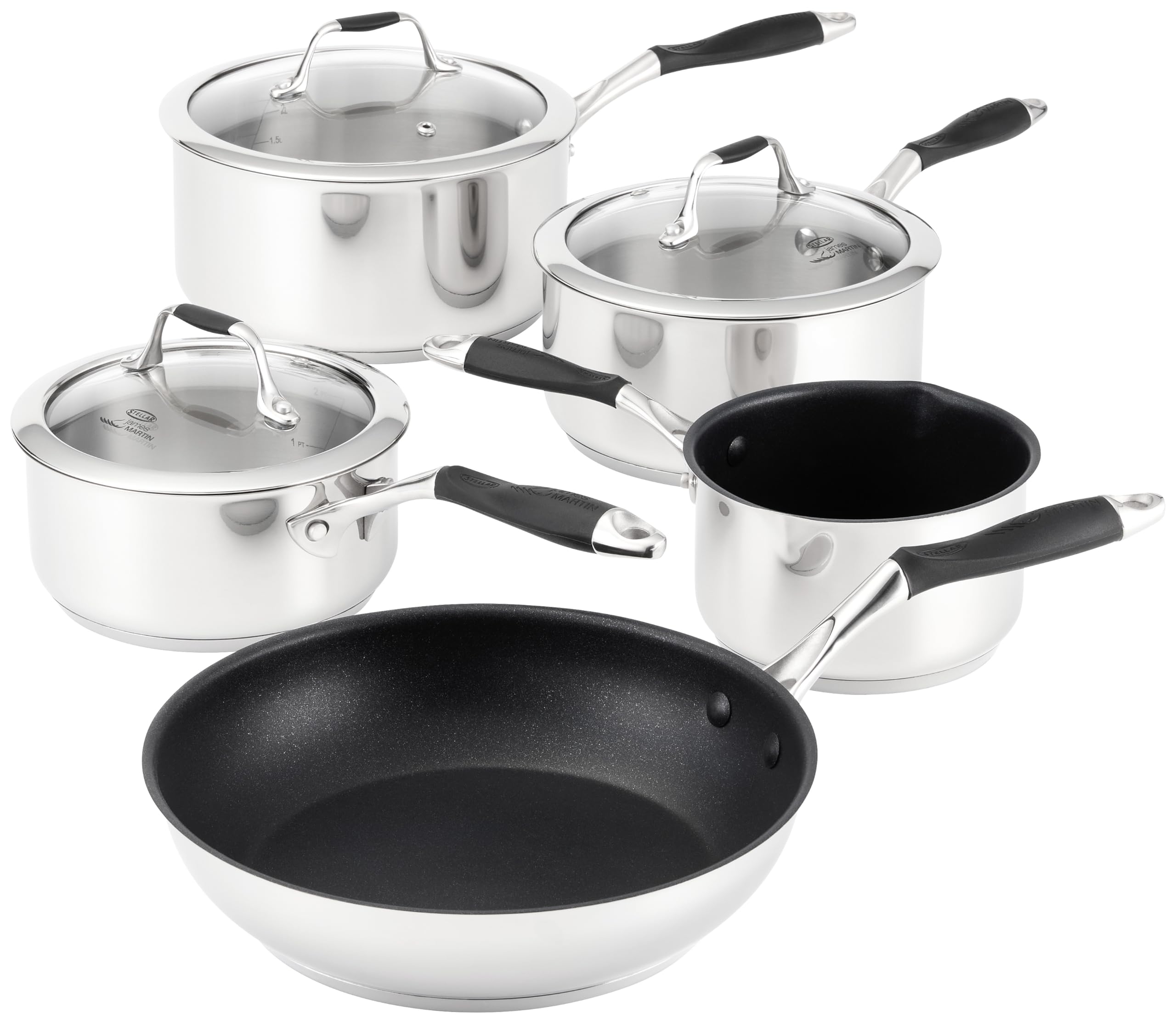 James Martin Set of 5 Stainless Steel Pans, 20cm, 18cm, 16cm Saucepans with Lids, 14cm Milk Pan, 24cm Non-Stick Frying Pan, Induction Ready, Oven Safe, Dishwasher Safe