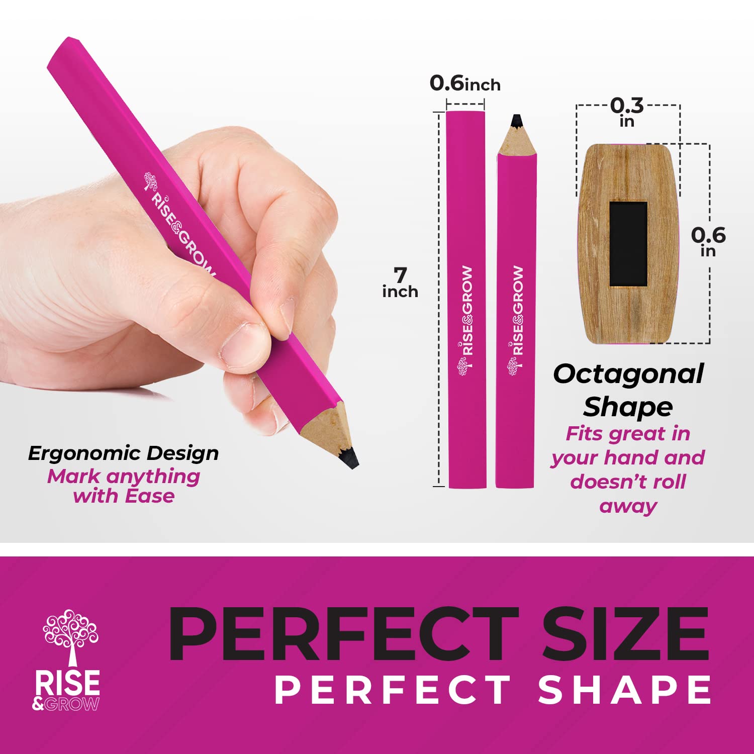 Rise & Grow 50 Set, Neon Pink Carpenters Pencils Bulk 7” – HB Lead Flat Construction Pencils for Men and Women - Woodworking Pencil for Marking Wood, Concrete and Plastic (Pink) — Amazon image 2