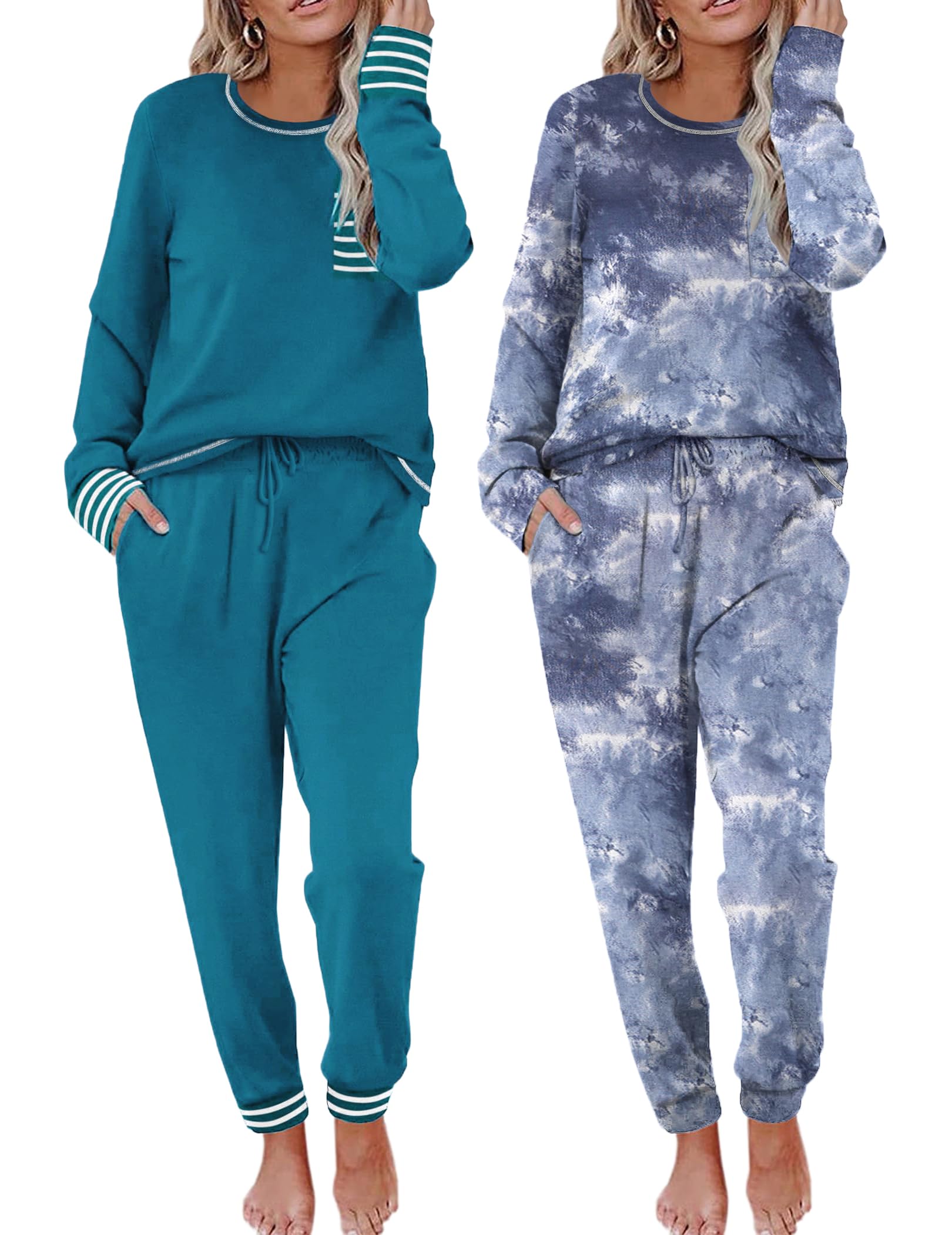 Ekouaer 2 Pack Womens Pajama Sets Long Sleeve Lounge Sets Soft Pj Loungewear Sleepwear
