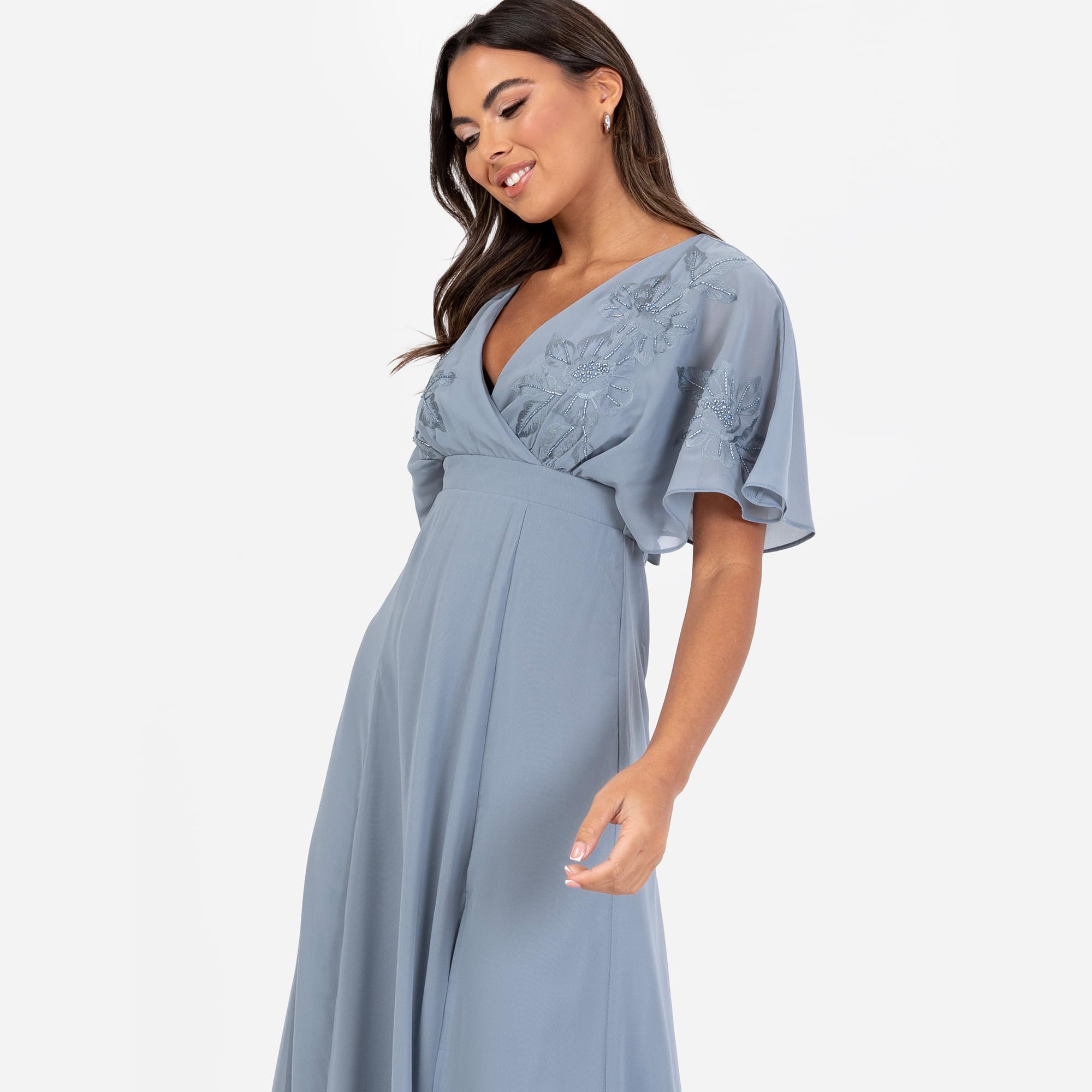 Women's Maxi Dress Ladies V-Neck Wide Sleeve Floral Embroidered Wrap Bodice Tie Belt Split Wedding Guest Prom Ball Gown