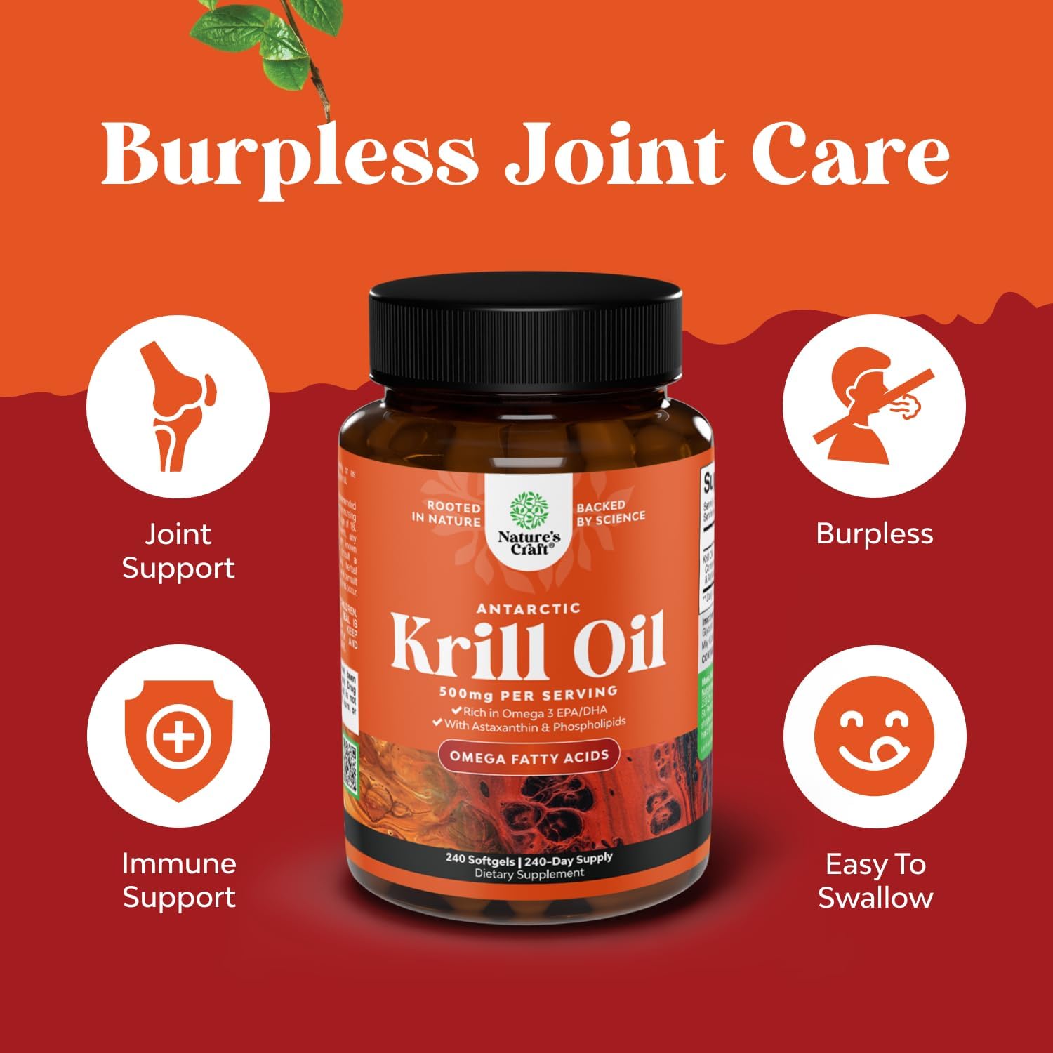 Antarctic Krill Oil Softgels - Omega 3 Krill Oil Supplement with EPA DHA & Astaxanthin for Brain & Healthy Heart Health - No Gluten GMOs or Fishy Aftertaste - 240 Count