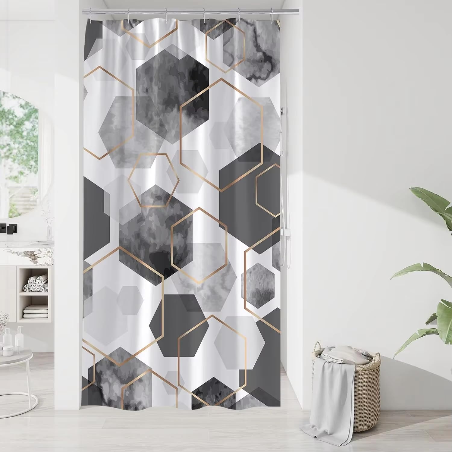KELAIMI Geometric Shower Curtains,Gold Geometric Modern Luxury Polyester Bathroom Curtain - Waterproof Fabric Bathtub Curtain with Hooks Grey 200X240Cm