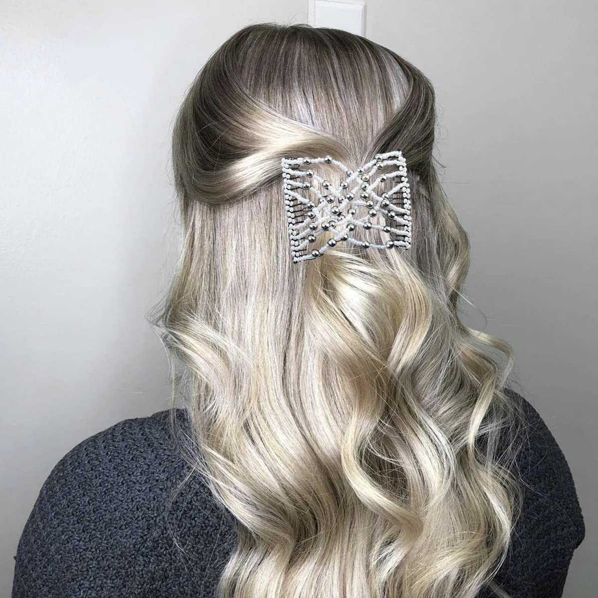 4 Pieces Elastic Beaded Magic Hair Comb Stretchy Double Comb Hair Fork Clips No Crease Hairpins Combs for Women Girls Vintage Hairstyle Multipurpose Hair Accessories, 4 Color (Beads Style)