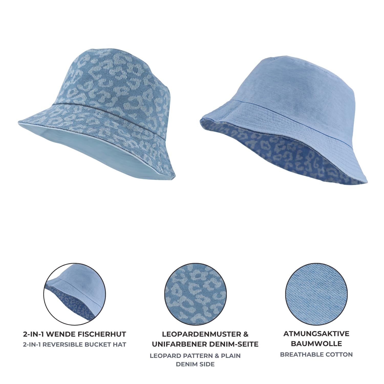styleBREAKER Chapeau Réversible Femme 2-en-1 | Bob avec Imprimé Léopard et Côté en Jean | Chapeau d'Été en Coton pour la Plage et Les Festivals