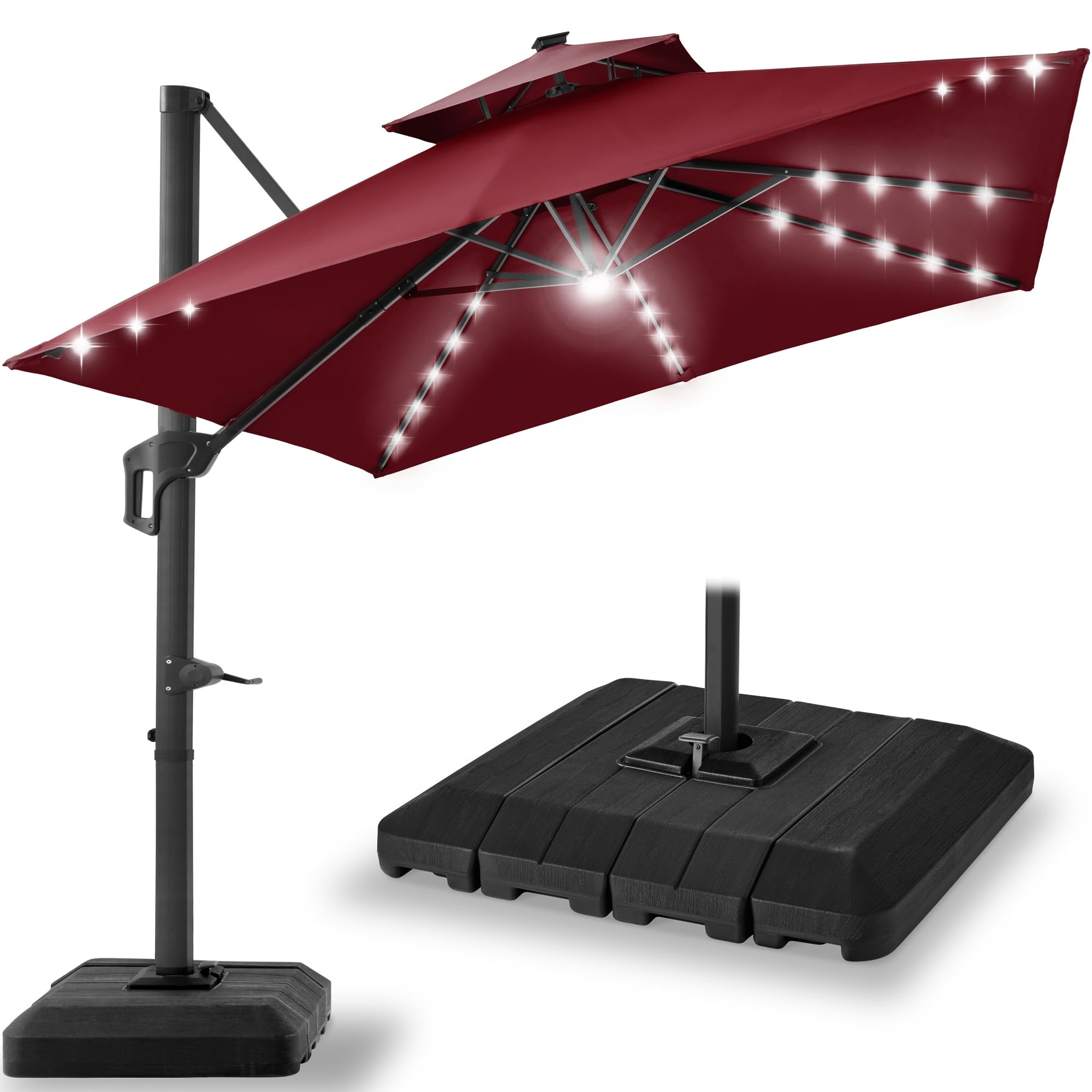 Best Choice Products 10x10ft Cantilever Patio Umbrella w/Base Included, Solar LED Lights 360 Rotation Large Offset Hanging Outdoor Shade for Deck Pool Backyard w/Stand – Burgundy