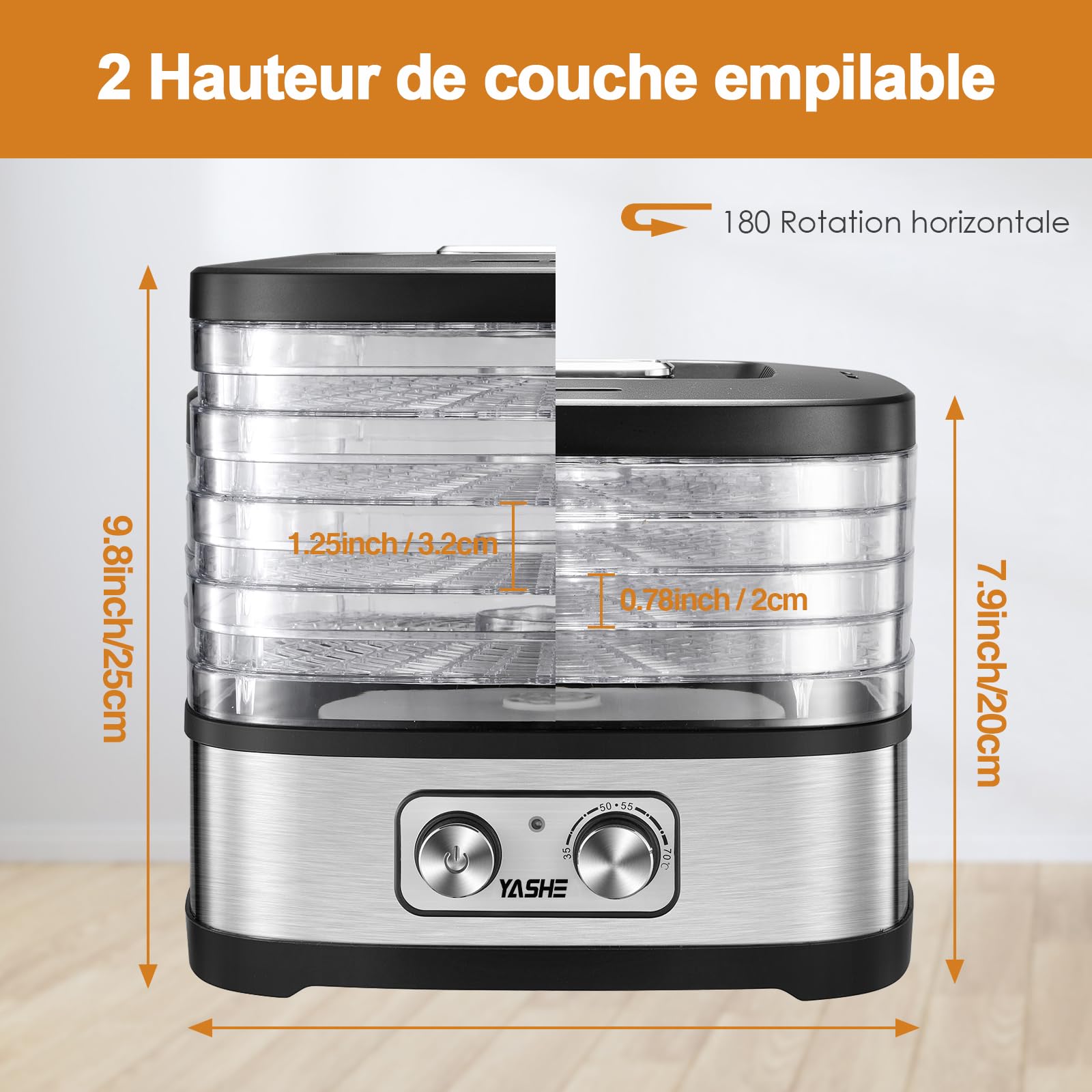 YASHE GGJ-261A Déshydrateur Alimentaire, 5 Plateaux Réglables en Hauteur, Contrôle de la Température de 35 à 70°C, Deshydrateur de 240 Watts pour Fruits et Légumes, Sans BPA