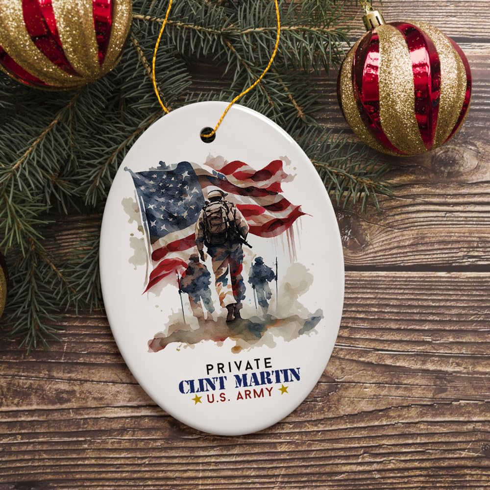 U.S. Army Private Personalized Ornament, Veteran Christmas Decor and Military Gift (Oval)