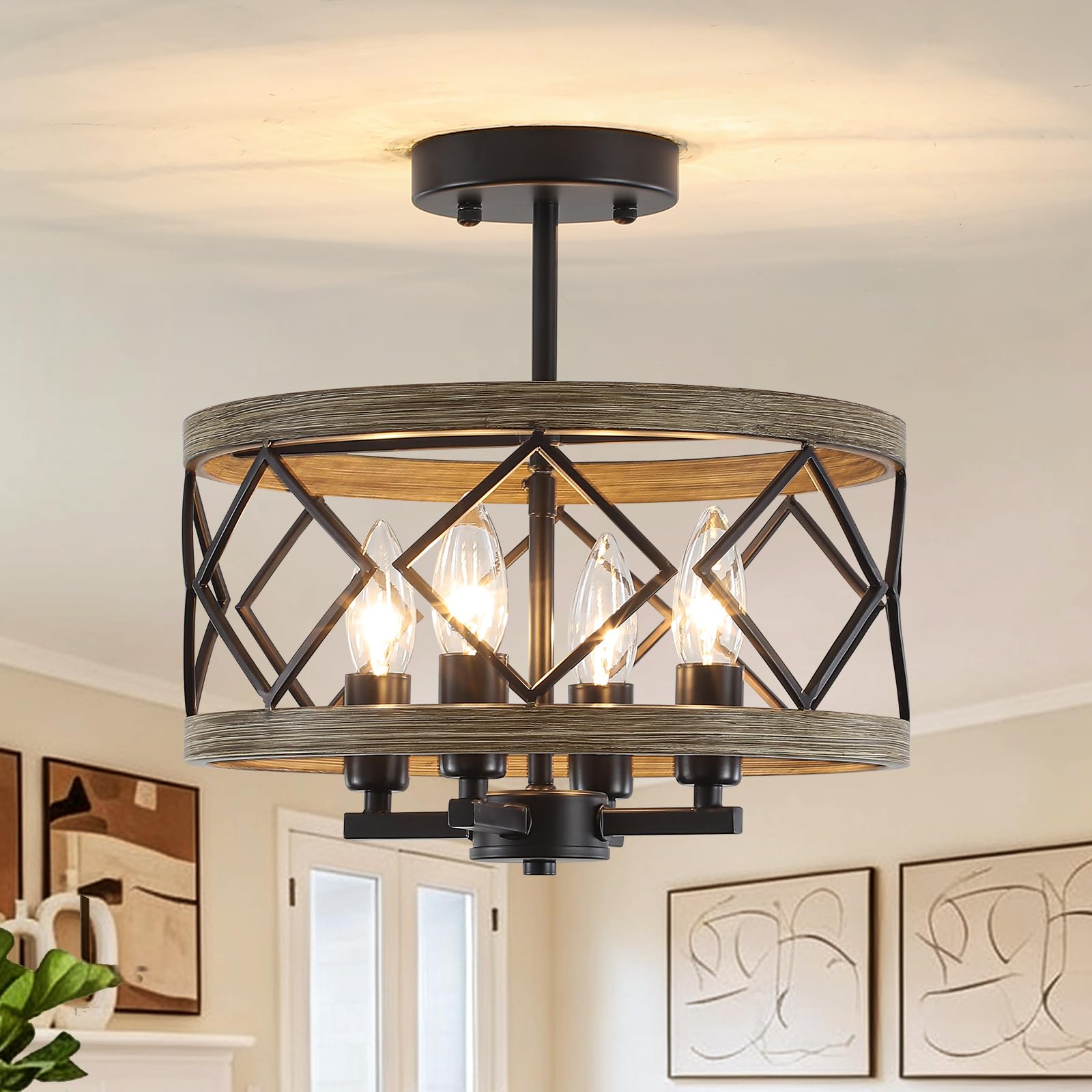 4-Light Semi Flush Ceiling Light for Living Room Drum Shade Light Fitting