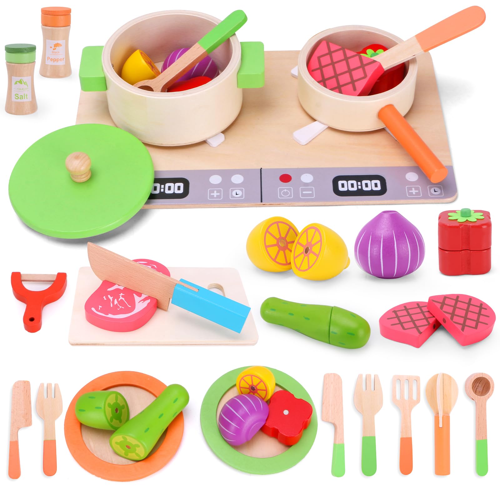 TGTT Children's Kitchen Accessories Wood, Play Kitchen Accessories, Wooden Toy Including Pot Set, Kitchen Toy and Fruit for Cutting, Children's Kitchen Role Play Boys and Girls Gifts 3 Years