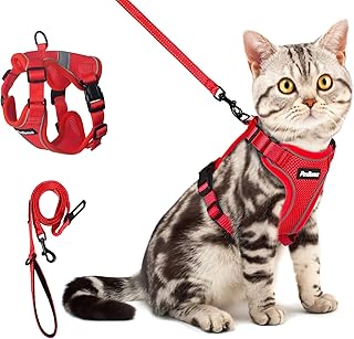 PetBonus Adjustable Cat Harness and Leash, Escape Proof Breathable Pet Vest Harnesses for Walking, Easy Control Reflective Leash and Harness Set Jacket for Cats, Kitten, Kitty (Red, Small)