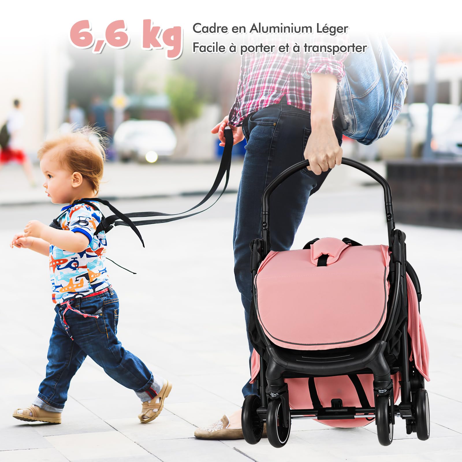 COSTWAY Poussette Canne Bébé 0-3 Ans(Charge 15 kg) avec Dossier & Repose-pieds Réglables, Pliable à une Main, Pousette Légère et Compacte en Aluminium avec Auvent & Frein, Harnais à 5 Points, Rose