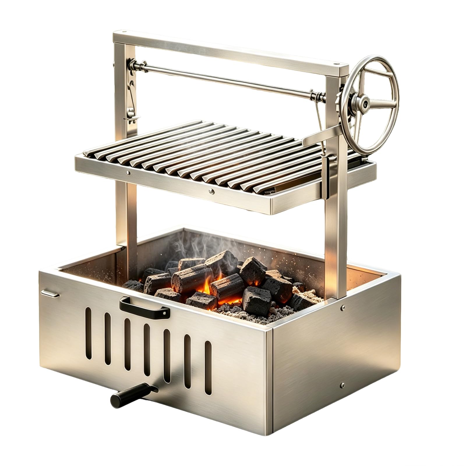 Ogrodowy grill węglowy do zabudowy lub ustawienia na blacie 304StainlessSteel | Korpus i ruszt ze stali nierdzewnej; regulacja wysokości umożliwiająca kontrolę temperatury.