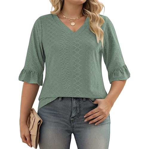 VISLILY Womens-Plus-Size-V-Neck-Tops Dressy 3/4 Length Ruffle Sleeve T Shirts Trendy Eyelet Blouses Casual Loose Tunics 1X-5X