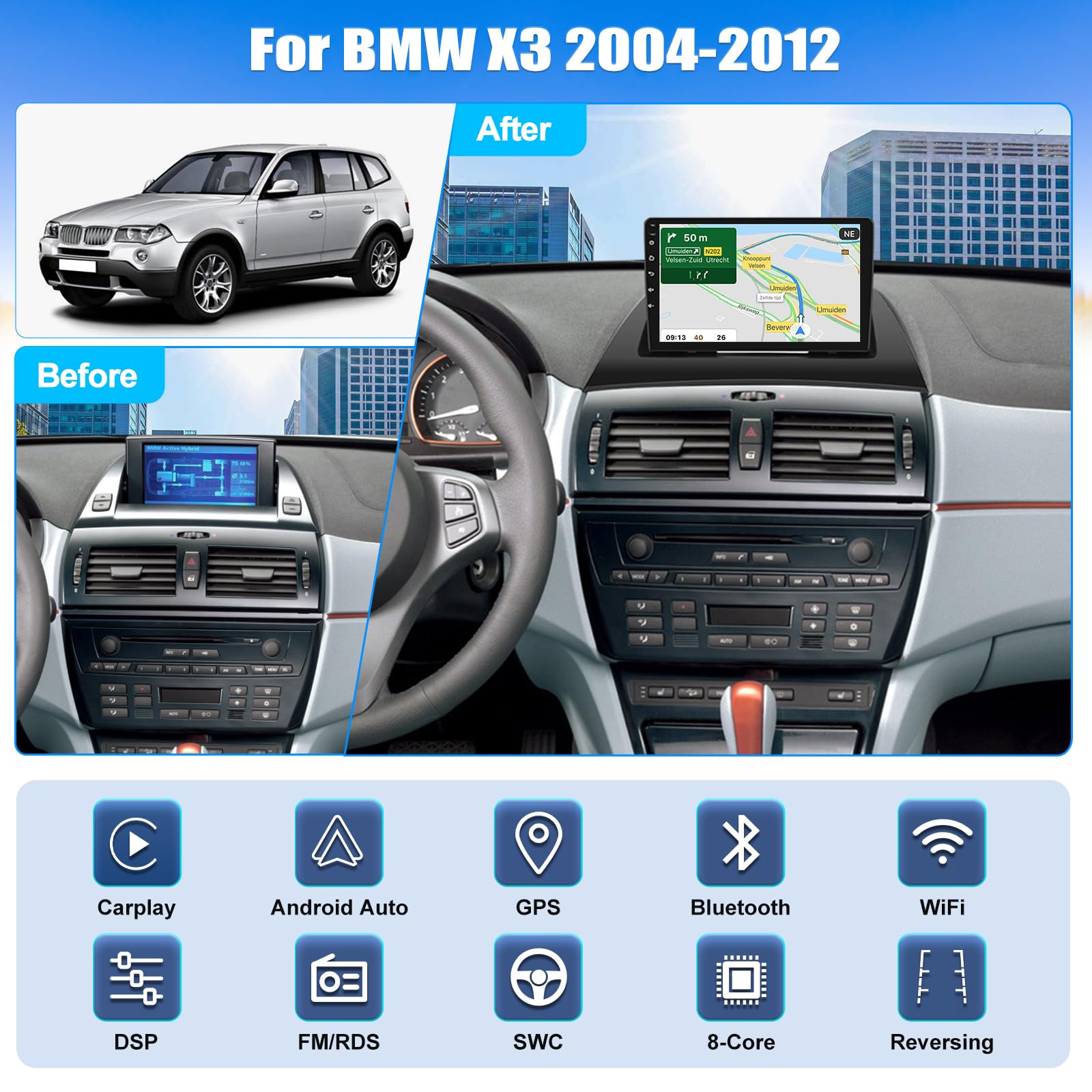 CAMECHO Autoradio Android 15 Per BMW X3 E83 (2004-2012): 9 Pollici, Qualcomm 8-Core, 4+64G, Wireless Carplay, DSP, Telecamera Posteriore - 3