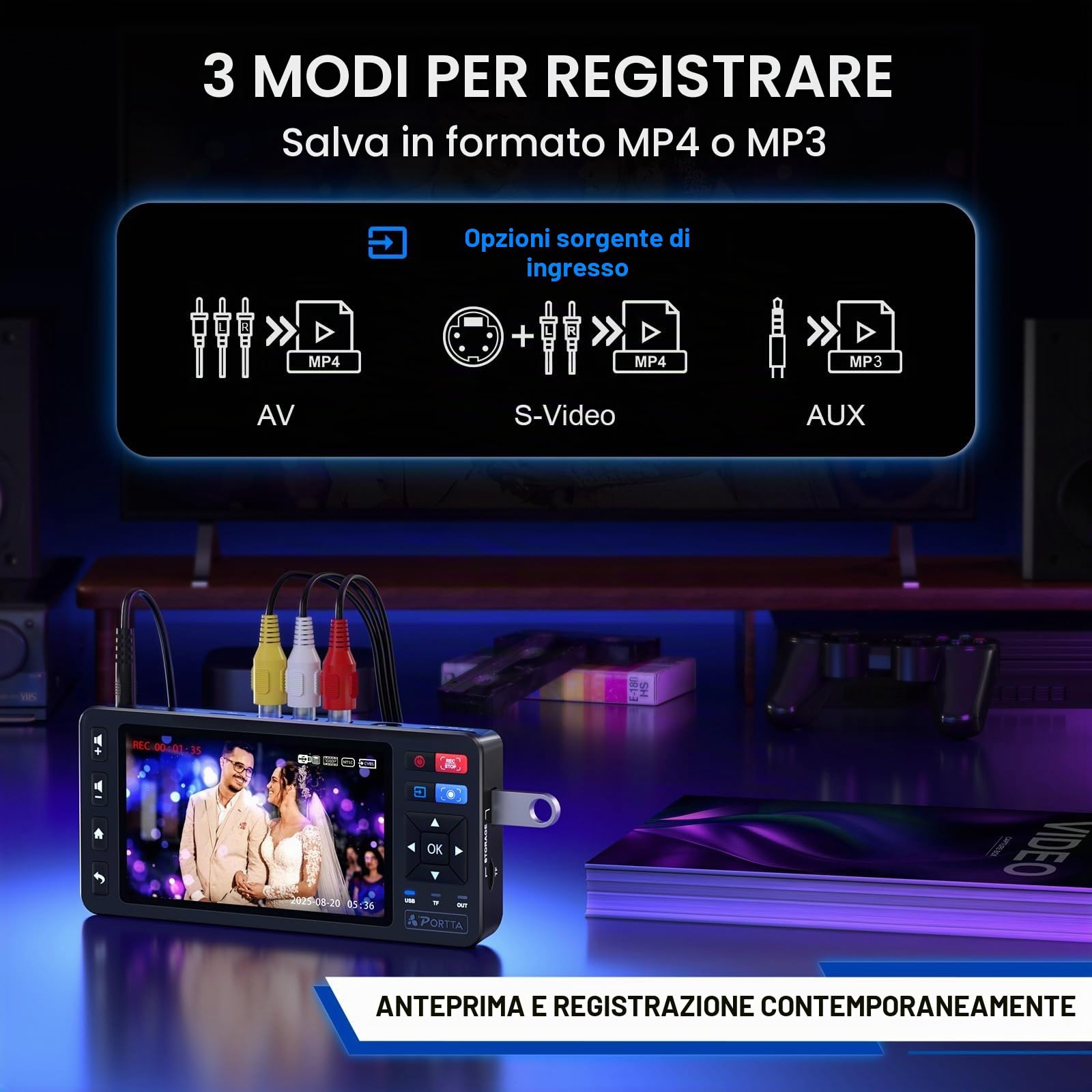 PORTTA Convertitore da VHS a digitale VD20P con schermo HD da 5", registratore video, conversione in MP4, compatibile con VHS, Hi8, Mini DV, console di gioco (richiede lettore VHS/DVD/videocamera)