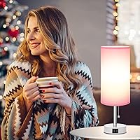 Vista 3 de Hong-in - Lámpara de mesita rosa, 3 modos de color, lámpara pequeña con puertos de carga USB-C y USB-A, cadena de tracción, luz de noche