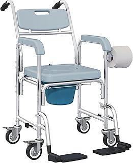 HOMCOM Shower Chair with Wheels 4 in 1, Bedside Commode Wheelchair with Seat, Backrest, Arms, Shower Commode Chair for Seniors, Adults, Injured or Disabled, Gray