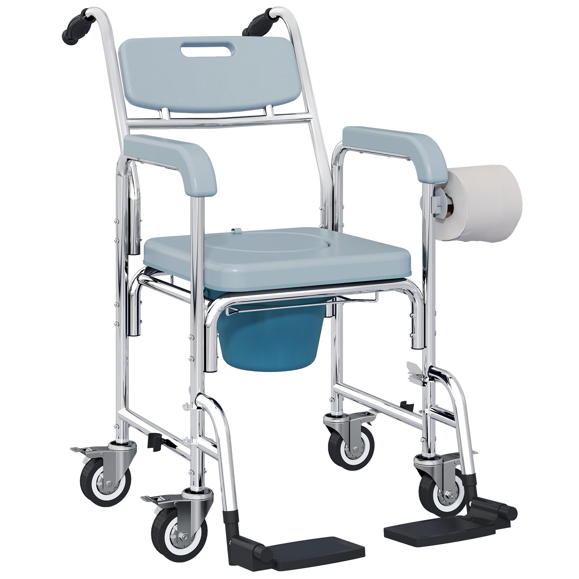 HOMCOM 4-in-1 Shower Chair with Wheels - Bedside Commode Wheelchair - Grey