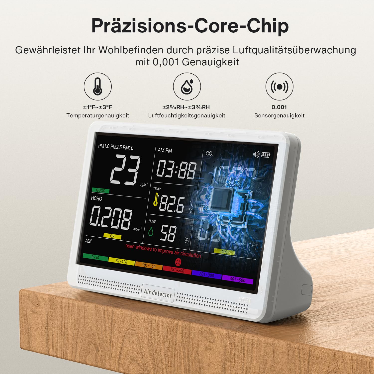 bonoch 16 en 1 Appareil de Mesure de la Qualité de l'Air Écran 7" – 9 Paramètres AQI + 7 Alertes – Détecteur de COV, CO2, PM2.5 PM1.0 PM10, HCHO (Air Quality Monitor) Température, Humidité, AQI, Heure