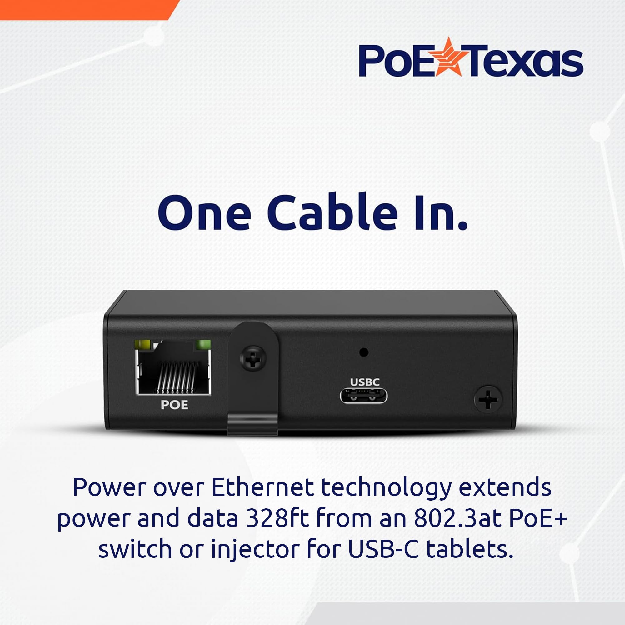 PoE Texas adattatore PoE+ a USB-C 3.0 con alimentazione e dati Gigabit da 25 W per tablet USB-C – adattatore Power over Ethernet 802.3at attivo per punti vendita e stazioni di lavoro