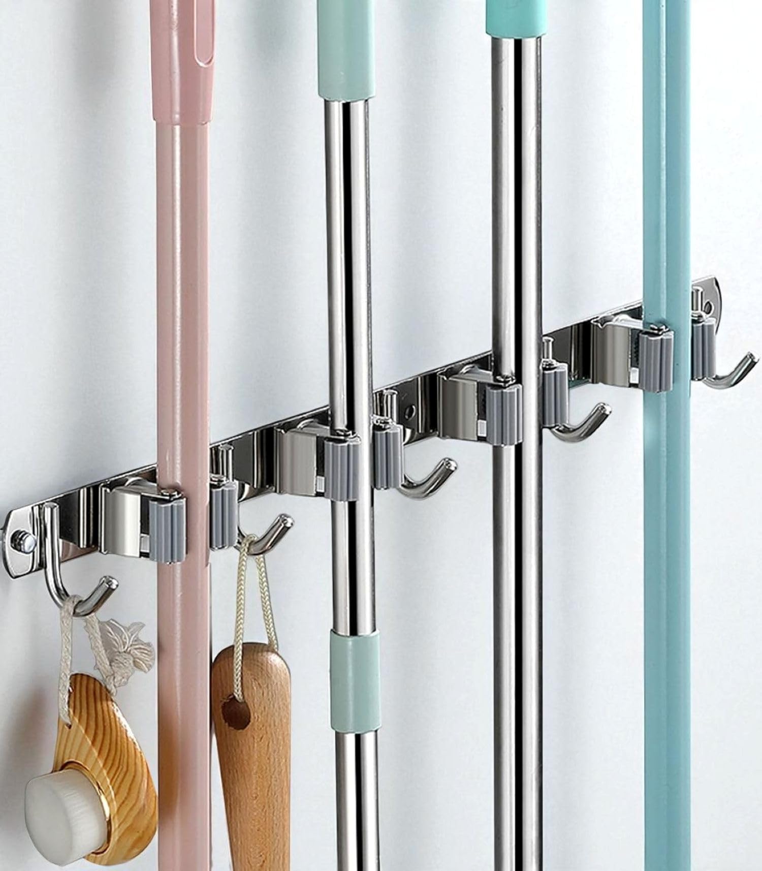 INDIANCODES Wall-Mounted Broom and Mop Holder Multi-Purpose Stainless Steel Storage Rack and Broom stick Hanger Stand for Kitchen | Bathroom | Garden and Garage (4 Slots 5 Hooks)-image-40