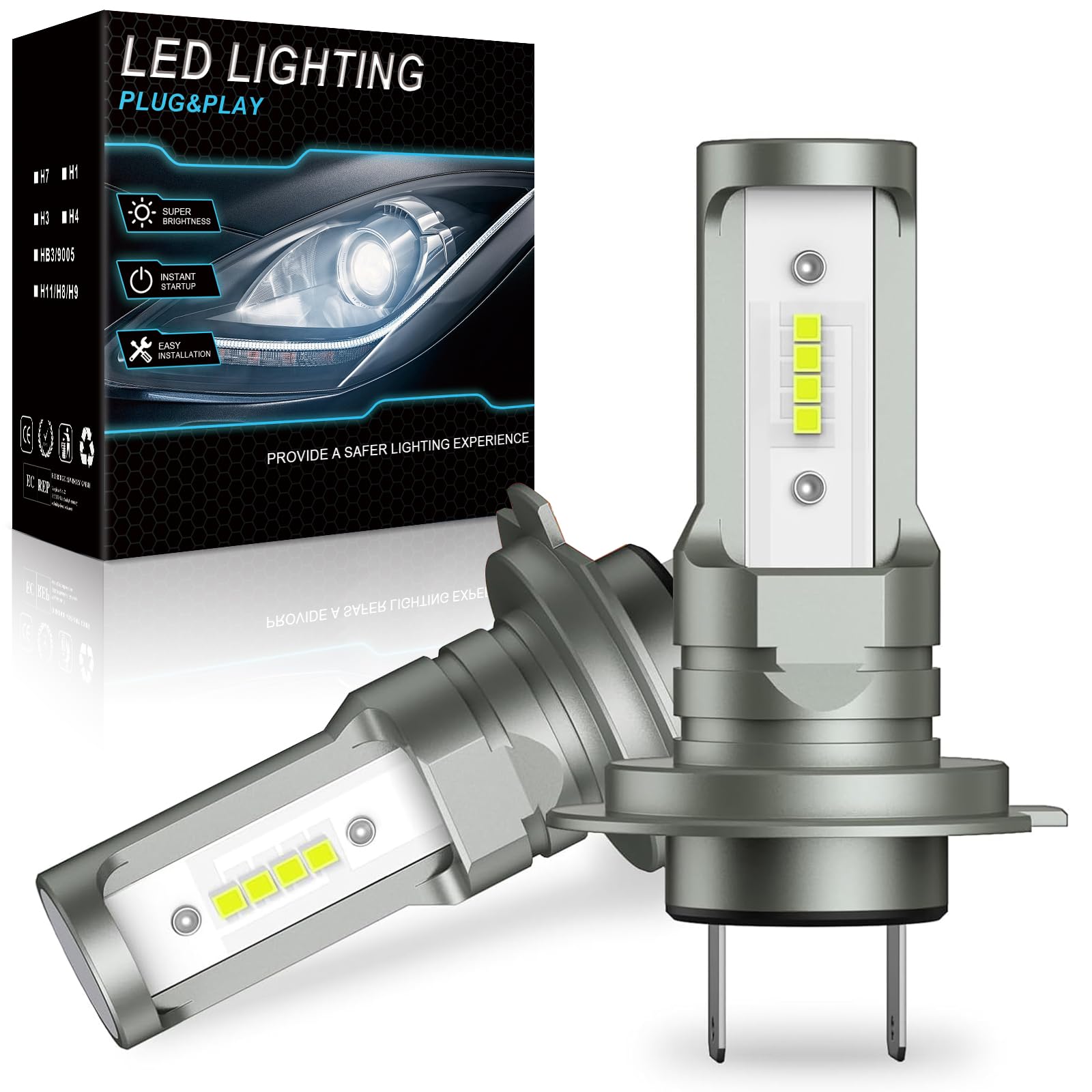 JOSHF H7 LED Lampadina, 30000LM 80W Luce Bianca 6500K 500% Brillante, Lampadine per Fari Auto e Moto, 1:1 Design di Ricambio Lampada Alogena, Plug and Play, 2 pezzi