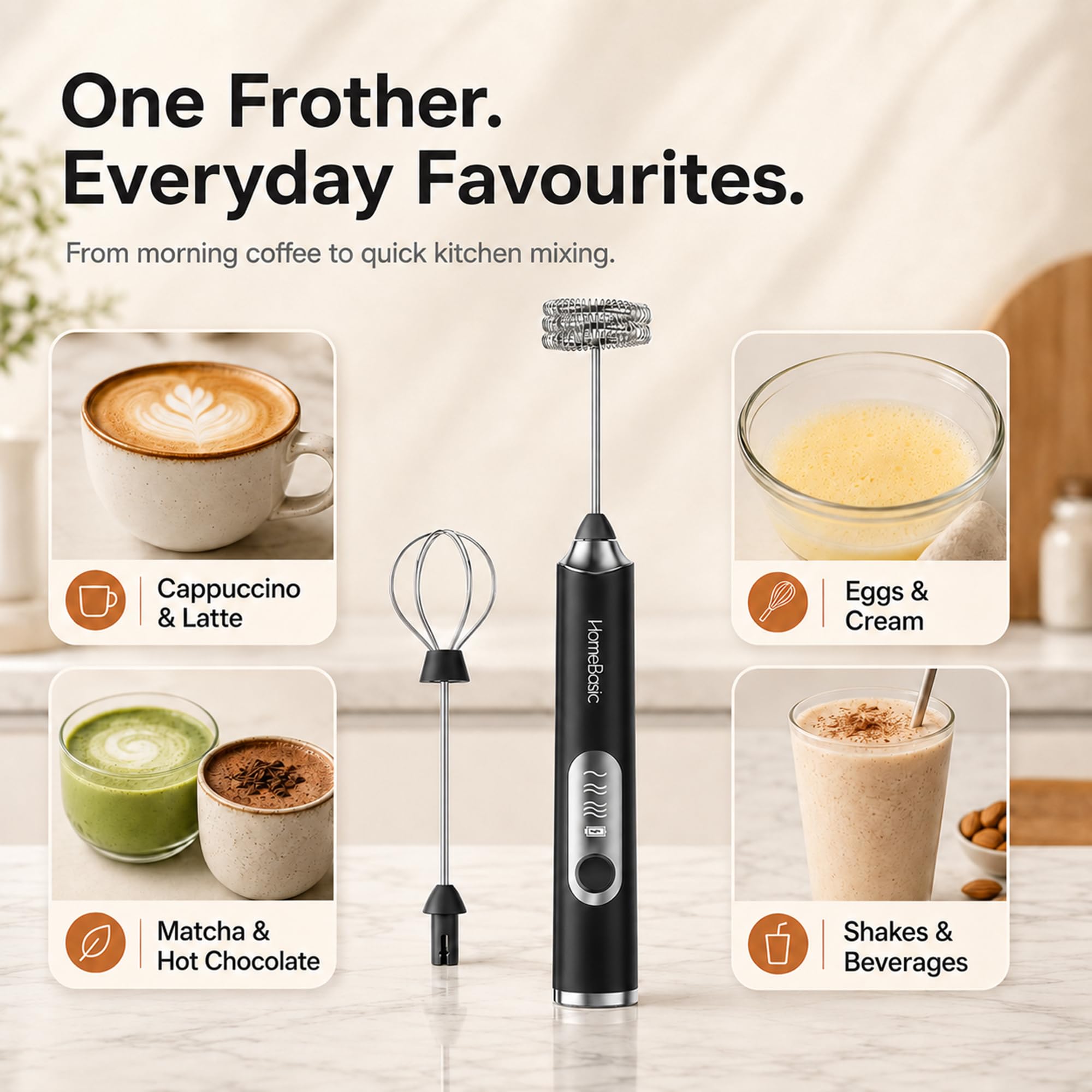 HOMEBASIC Milk Frother - 3 Speeds, Dual Whisks -2