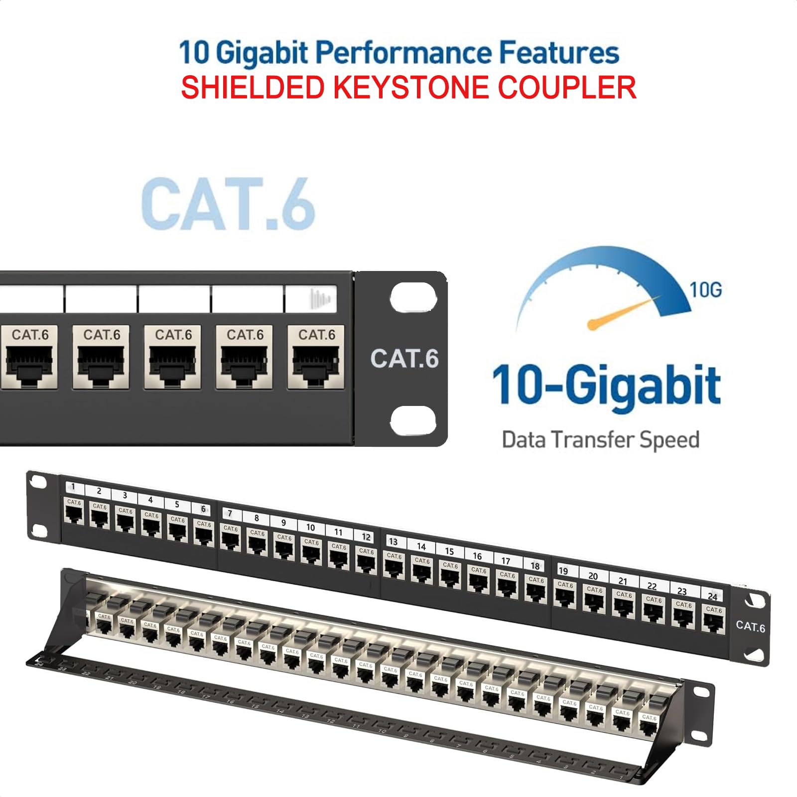 Panel De ConexióN De Red, 1U, 24 Puertos Y Acoplador Keystone Blindado Rj45 Cat6, Para Montaje En Rack De 19" O Pared Con Barra Trasera, Para Conmutador De Red Gigabit (MóDulo De Paso Blindado)